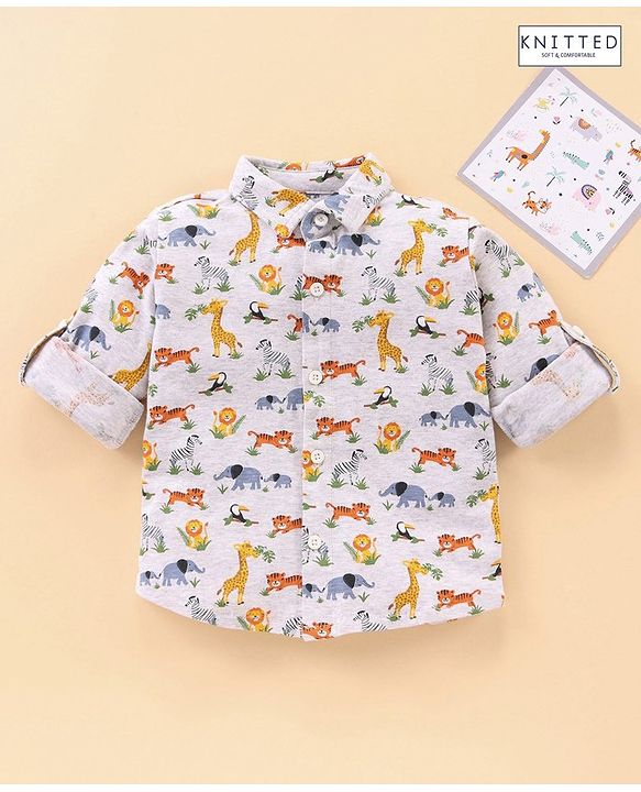 Babyhug Cotton Knit Full Sleeves Shirt Animal Print - White