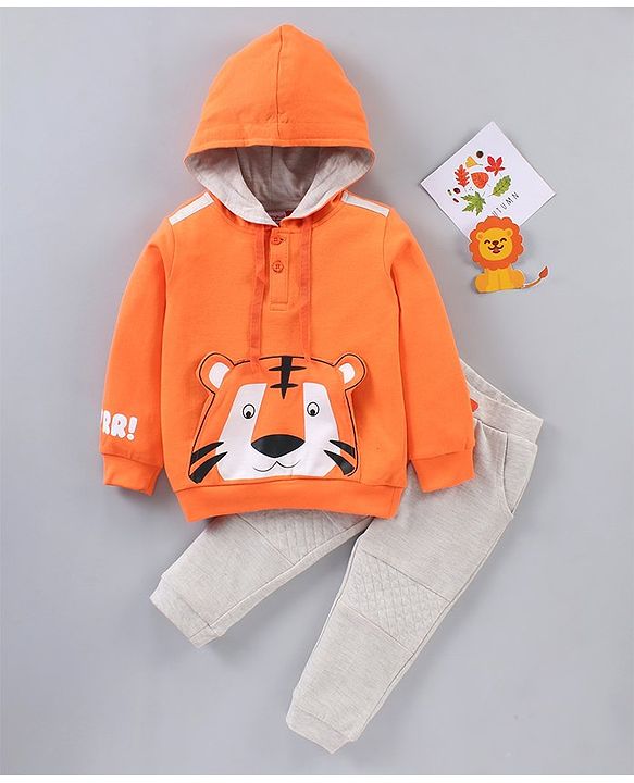 Babyhug Full Sleeves Hooded Sweatshirt & Lounge Pant Lion Applique - Orange Light Grey