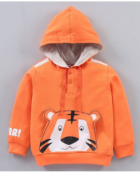 Babyhug Full Sleeves Hooded Sweatshirt & Lounge Pant Lion Applique - Orange Light Grey