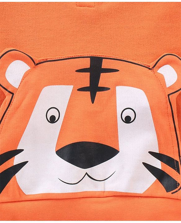 Babyhug Full Sleeves Hooded Sweatshirt & Lounge Pant Lion Applique - Orange Light Grey