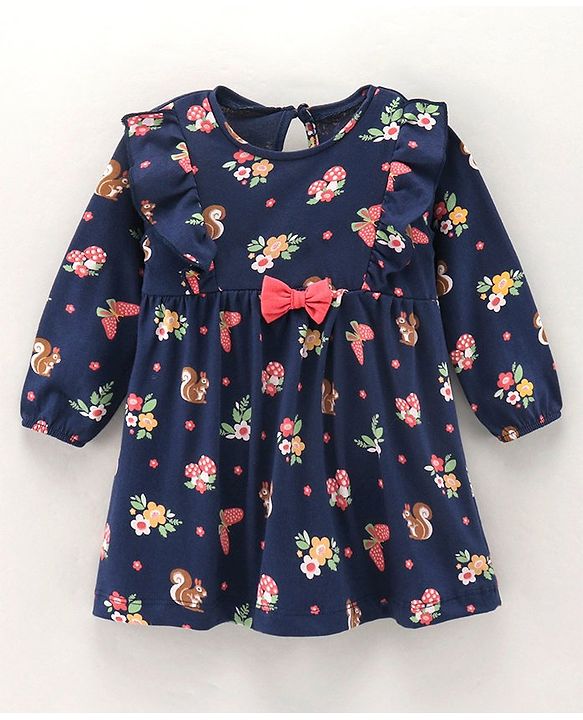 Babyhug 100% Cotton Three Forth Sleeves Frock Floral Print - Navy