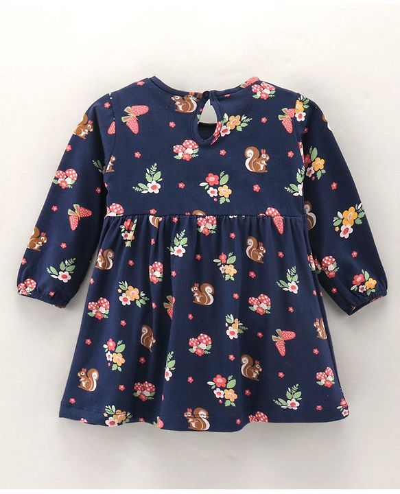 Babyhug 100% Cotton Three Forth Sleeves Frock Floral Print - Navy
