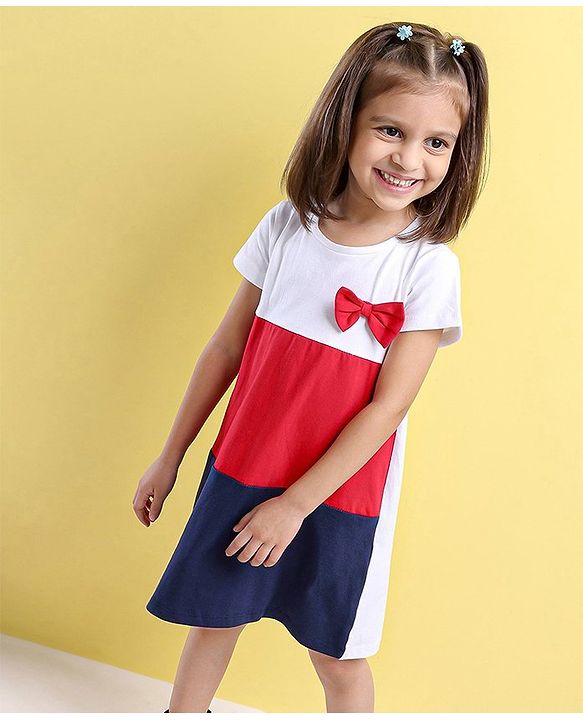 Babyhug 100%Cotton Short Sleeves Colour Block Frock Bow Applique - White Red Navy Blue