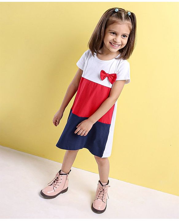Babyhug 100%Cotton Short Sleeves Colour Block Frock Bow Applique - White Red Navy Blue