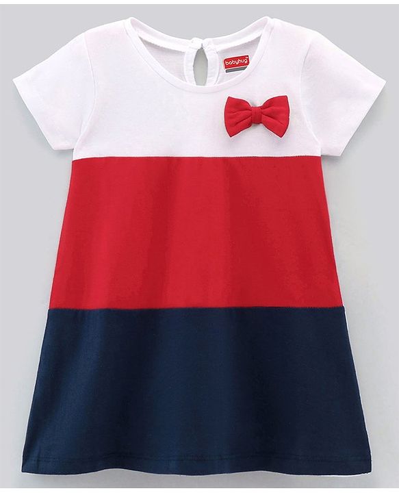 Babyhug 100%Cotton Short Sleeves Colour Block Frock Bow Applique - White Red Navy Blue