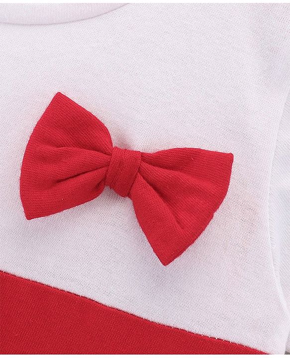 Babyhug 100%Cotton Short Sleeves Colour Block Frock Bow Applique - White Red Navy Blue