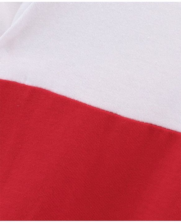 Babyhug 100%Cotton Short Sleeves Colour Block Frock Bow Applique - White Red Navy Blue