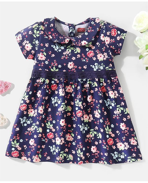 Babyhug 100% Cotton Knit Half Sleeves Peter Pan Collar Frock With Lace Detailing At Waist Floral Print - Navy Blue