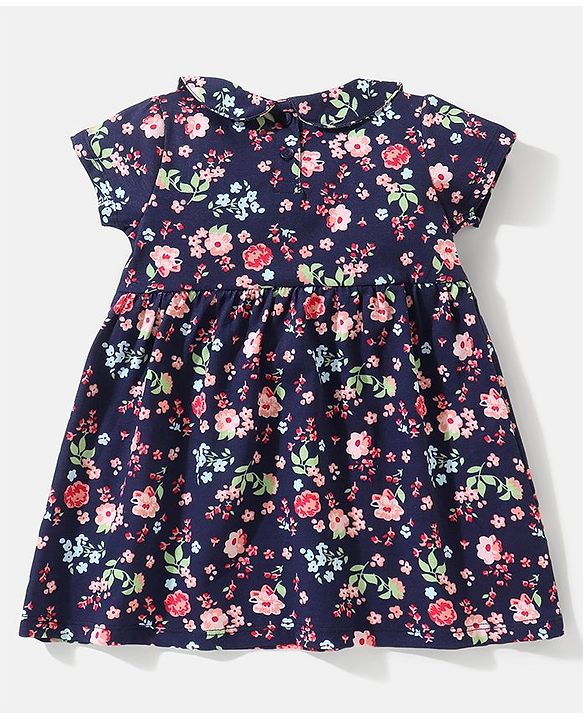 Babyhug 100% Cotton Knit Half Sleeves Peter Pan Collar Frock With Lace Detailing At Waist Floral Print - Navy Blue
