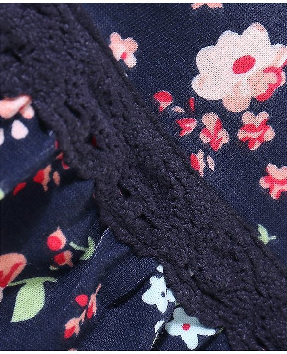 Babyhug 100% Cotton Knit Half Sleeves Peter Pan Collar Frock With Lace Detailing At Waist Floral Print - Navy Blue