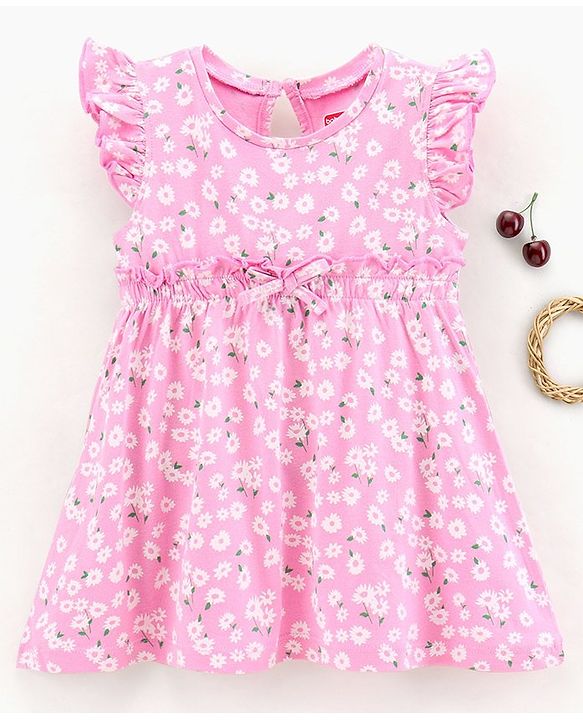 Babyhug 100% Cotton Short Sleeves Frock Floral Print - Pink