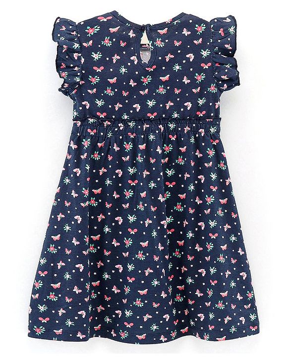 Babyhug 100% Cotton Knit Frill Sleeves Frock Floral & Butterflies Print - Navy Blue