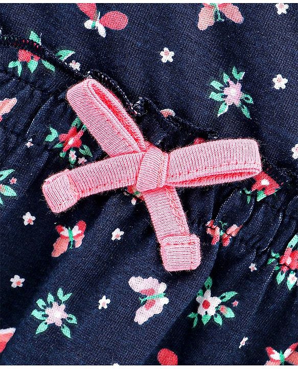 Babyhug 100% Cotton Knit Frill Sleeves Frock Floral & Butterflies Print - Navy Blue