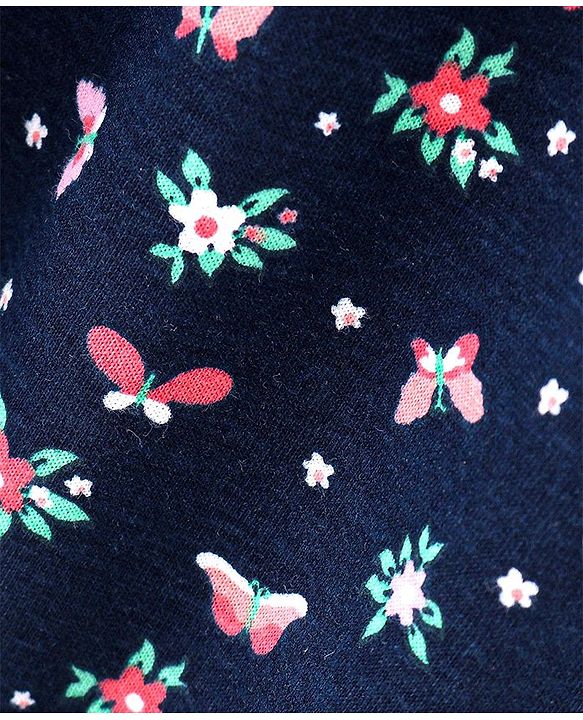 Babyhug 100% Cotton Knit Frill Sleeves Frock Floral & Butterflies Print - Navy Blue