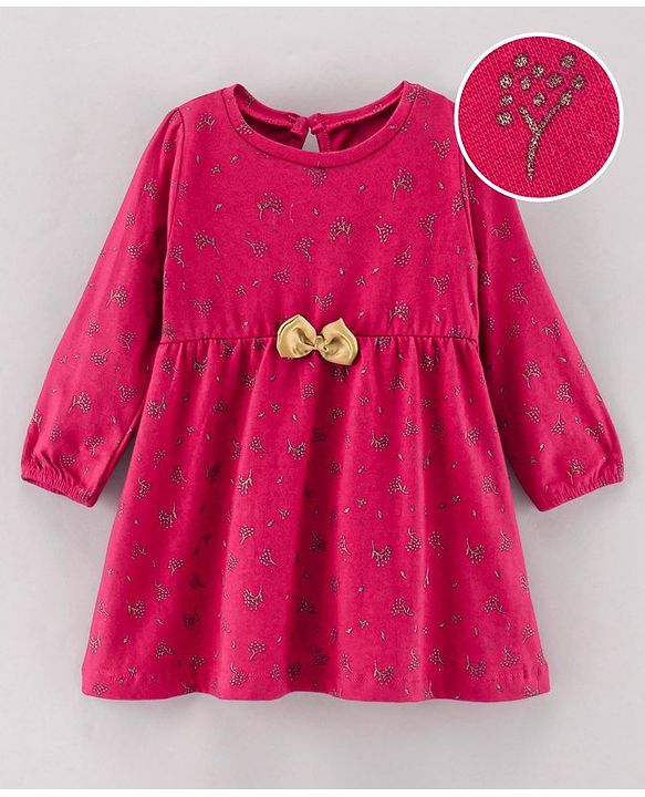 Babyhug 100%Cotton Full Sleeves Frock Floral Print - Fuchsia