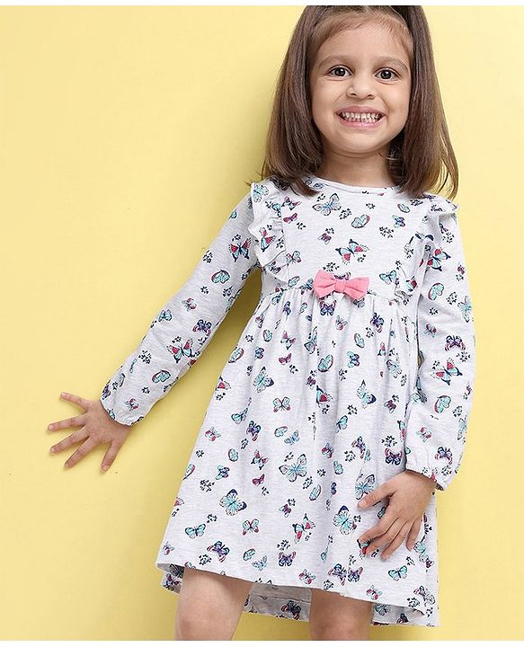 Babyhug 100% Cotton Full Sleeve Frock Butterfly Print - Ecru Melange