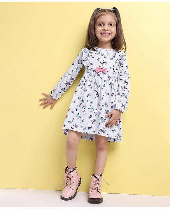 Babyhug 100% Cotton Full Sleeve Frock Butterfly Print - Ecru Melange