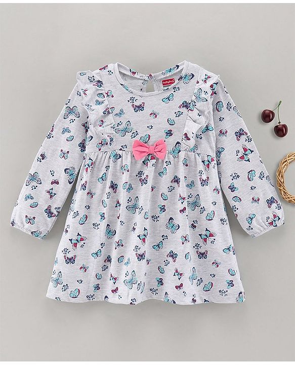 Babyhug 100% Cotton Full Sleeve Frock Butterfly Print - Ecru Melange