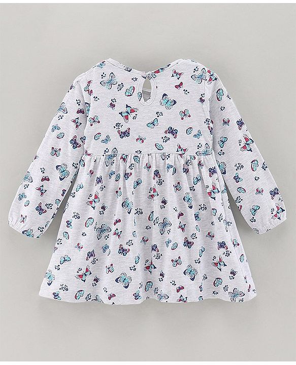 Babyhug 100% Cotton Full Sleeve Frock Butterfly Print - Ecru Melange