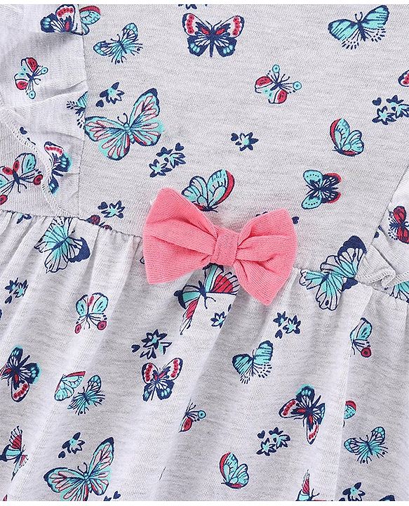 Babyhug 100% Cotton Full Sleeve Frock Butterfly Print - Ecru Melange