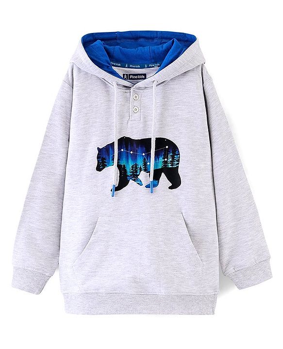Pine Kids Cotton Blend Knit Full Sleeves Bear Printed Hooded Sweatshirt - Grey