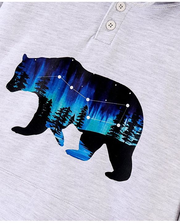Pine Kids Cotton Blend Knit Full Sleeves Bear Printed Hooded Sweatshirt - Grey