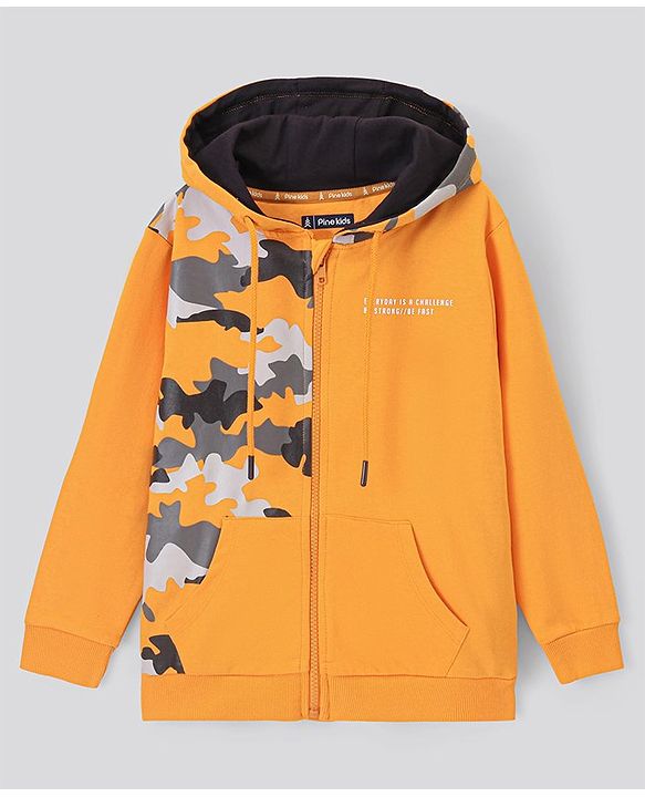 Pine Kids Full Sleeves Biowashed Hooded Sweatshirt Camo Print- Orange