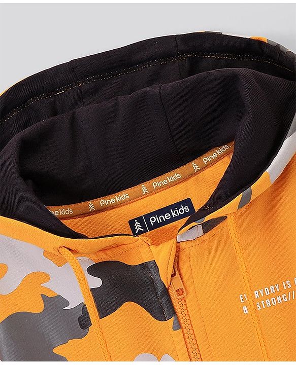 Pine Kids Full Sleeves Biowashed Hooded Sweatshirt Camo Print- Orange