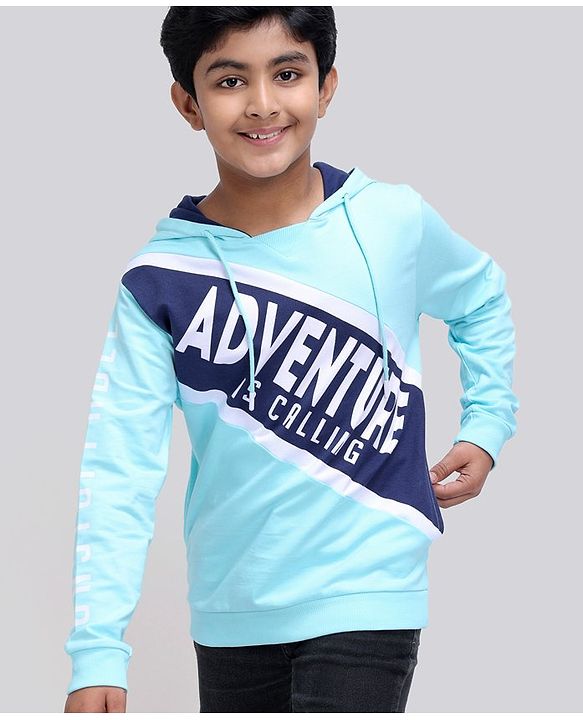 Pine Kids Cotton Knit Full Sleeves Bio-Wash Sweatshirt Text Printed - Iced Aqua