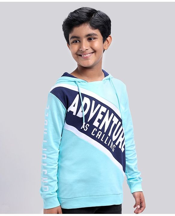 Pine Kids Cotton Knit Full Sleeves Bio-Wash Sweatshirt Text Printed - Iced Aqua