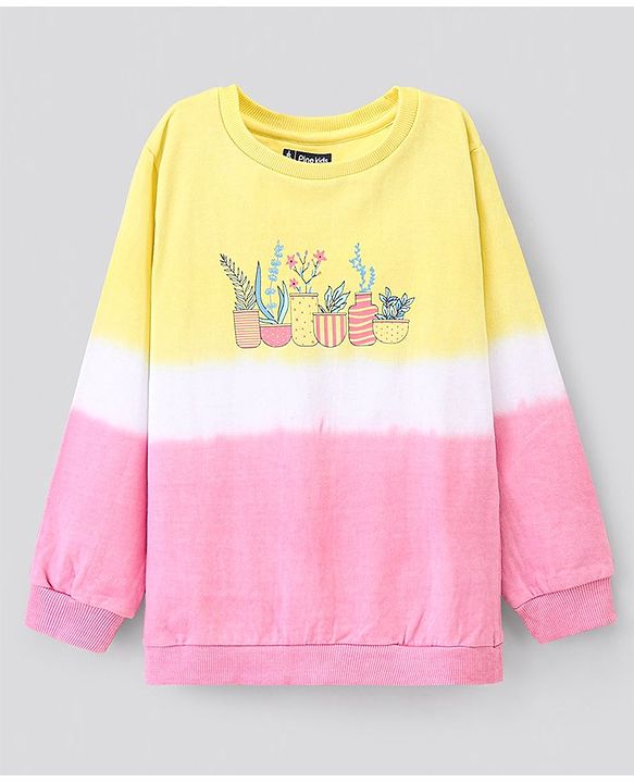 Pine Kids Cotton Knit Full Sleeves Bio Washed Sweatshirt Plants Print - Multicolour