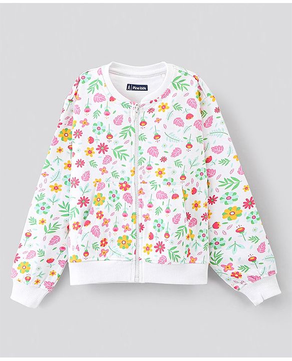 Pine Kids Cotton Knit Full Sleeves Bio Washed Sweatshirt Floral Print - Snow White