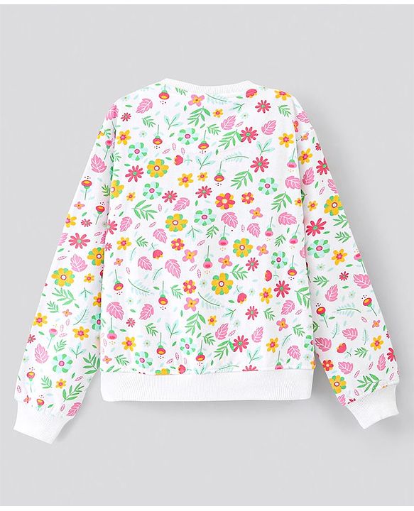 Pine Kids Cotton Knit Full Sleeves Bio Washed Sweatshirt Floral Print - Snow White