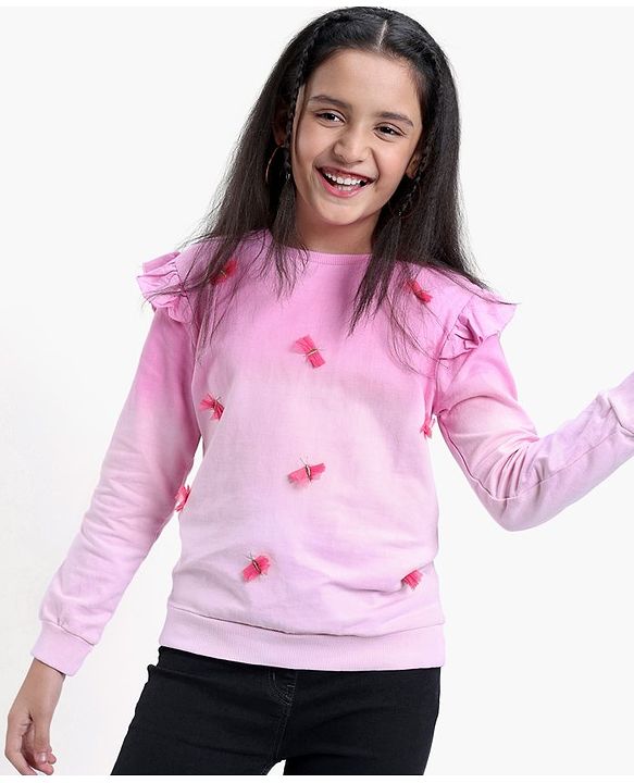 Pine Kids Cotton Knit Full Sleeves Bio Washed Sweatshirt Butterfly Applique - Pink