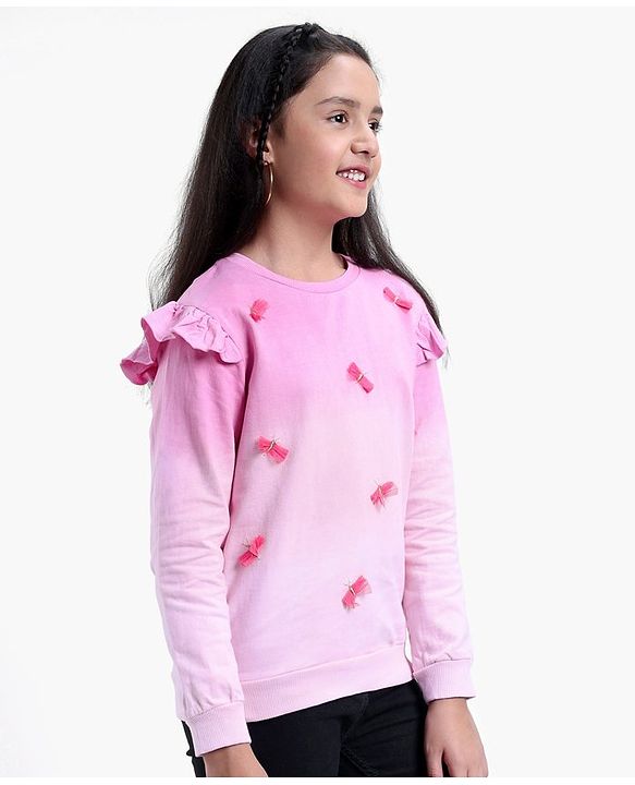 Pine Kids Cotton Knit Full Sleeves Bio Washed Sweatshirt Butterfly Applique - Pink