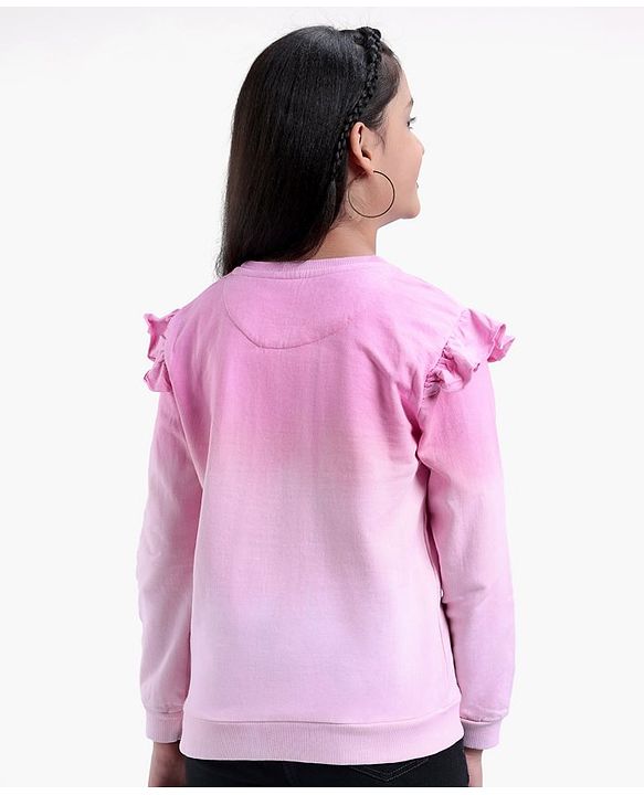Pine Kids Cotton Knit Full Sleeves Bio Washed Sweatshirt Butterfly Applique - Pink