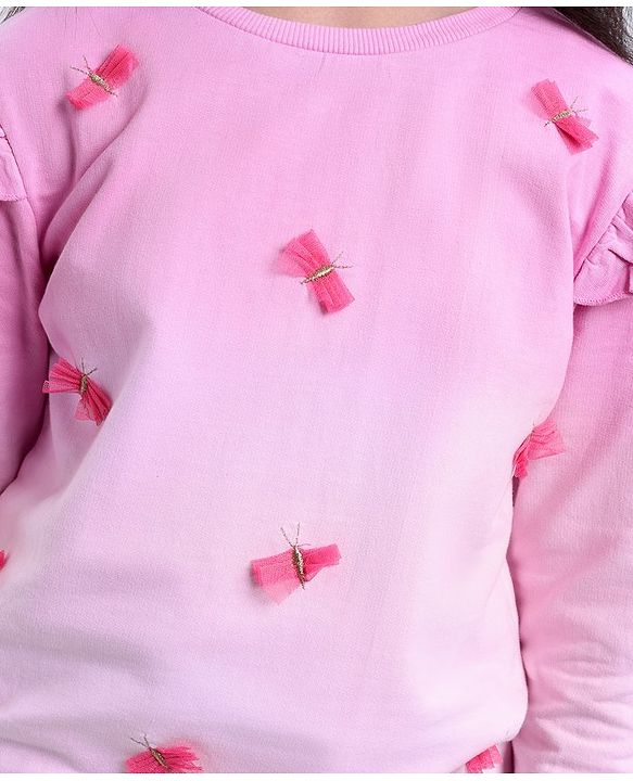 Pine Kids Cotton Knit Full Sleeves Bio Washed Sweatshirt Butterfly Applique - Pink