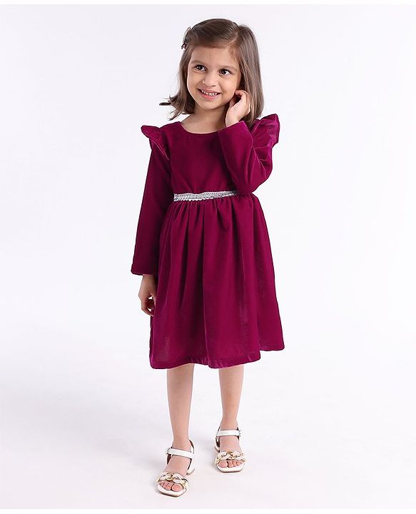 Babyhug Full Sleeves with Frill Velvet Party Frock with Lace - Fuschia