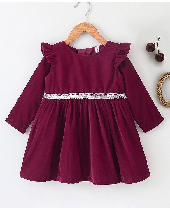 Babyhug Full Sleeves with Frill Velvet Party Frock with Lace - Fuschia