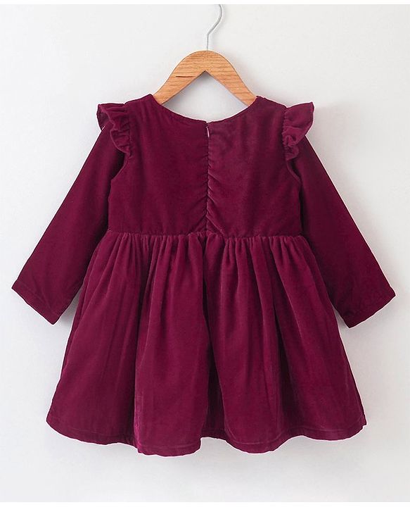 Babyhug Full Sleeves with Frill Velvet Party Frock with Lace - Fuschia