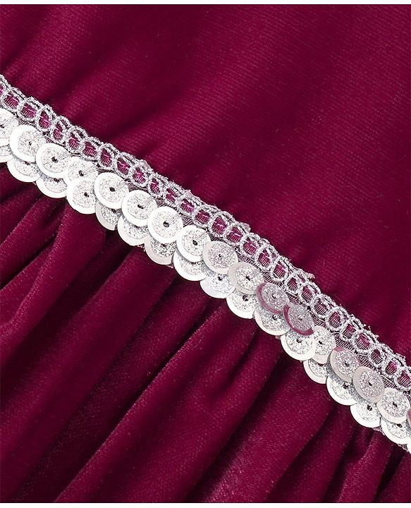 Babyhug Full Sleeves with Frill Velvet Party Frock with Lace - Fuschia