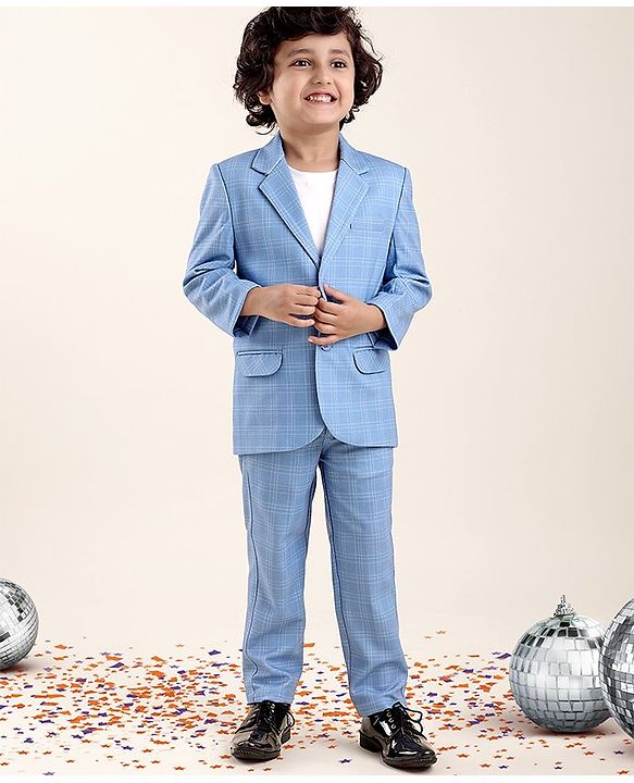 Babyhug Full Sleeves Checked Party Suit - Blue