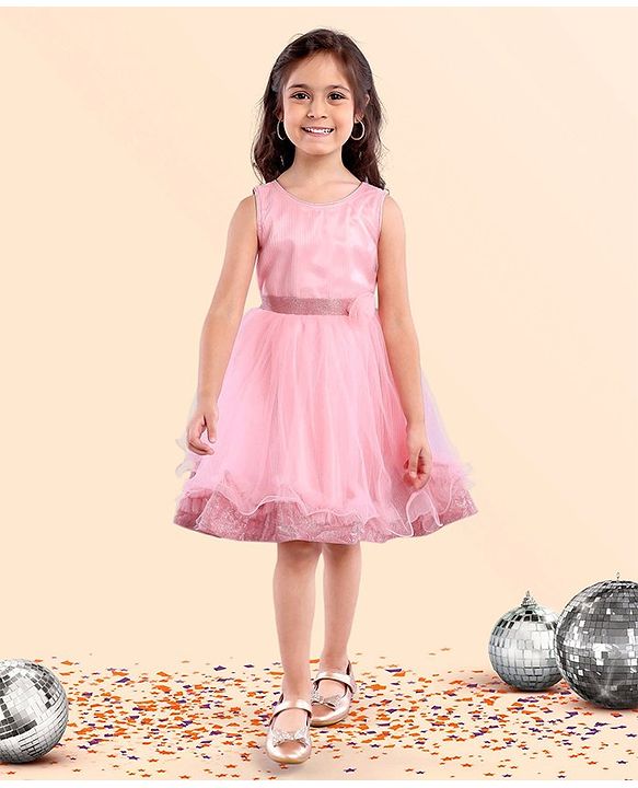 Babyhug Sleeveless Party Frock With Floral Applique - Pink