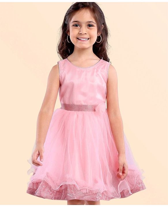 Babyhug Sleeveless Party Frock With Floral Applique - Pink
