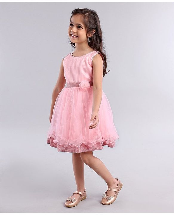 Babyhug Sleeveless Party Frock With Floral Applique - Pink