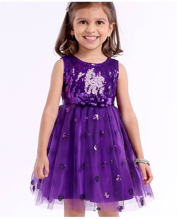 Babyhug Sleeveless Sequins Party Frock With Floral Applique - Aubergine