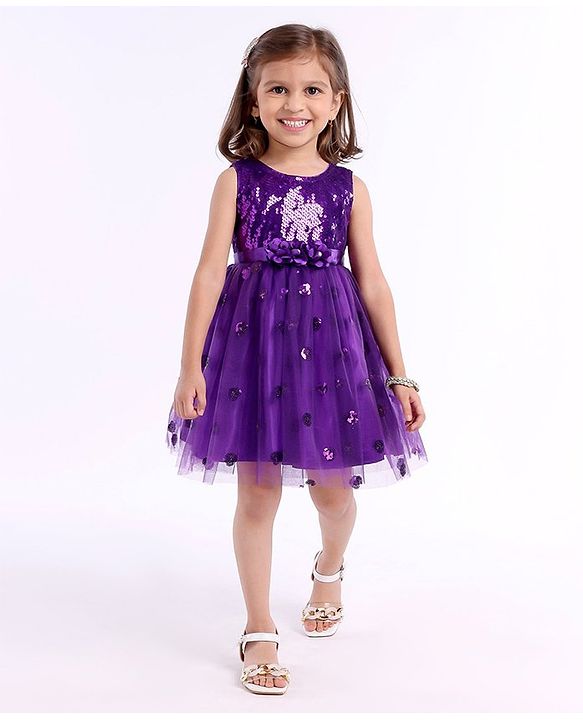 Babyhug Sleeveless Sequins Party Frock With Floral Applique - Aubergine