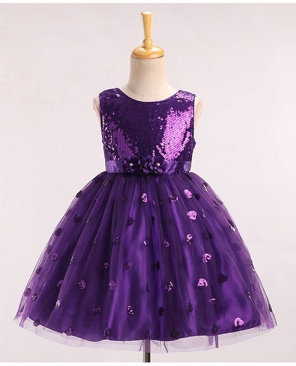 Babyhug Sleeveless Sequins Party Frock With Floral Applique - Aubergine