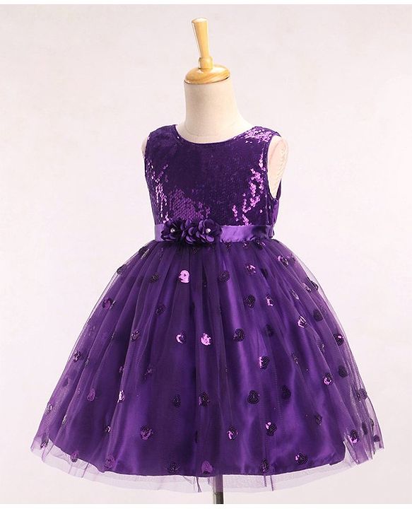 Babyhug Sleeveless Sequins Party Frock With Floral Applique - Aubergine
