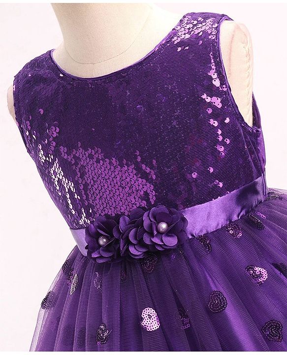 Babyhug Sleeveless Sequins Party Frock With Floral Applique - Aubergine